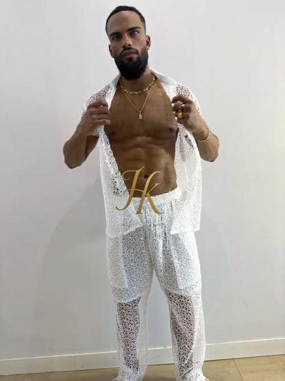 Celestial Lace Elegance Set-Men’s Two-Piece (Shirt & Pants)