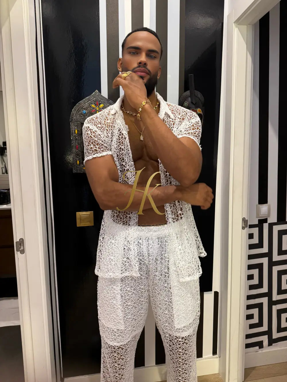 Celestial Lace Elegance Set-Men’s Two-Piece (Shirt & Pants)