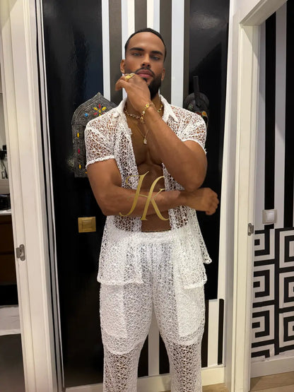 Celestial Lace Elegance Set-Men’s Two-Piece (Shirt & Pants)