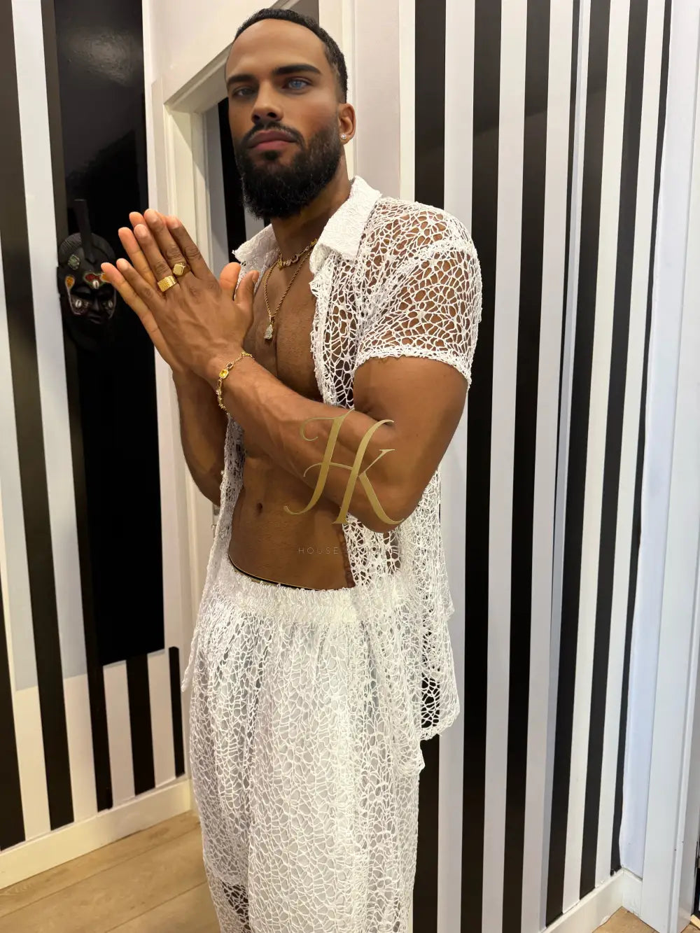 Celestial Lace Elegance Set-Men’s Two-Piece (Shirt & Pants)