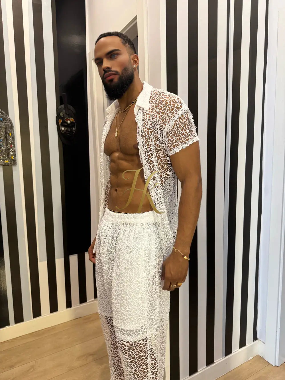 Celestial Lace Elegance Set-Men’s Two-Piece (Shirt & Pants)