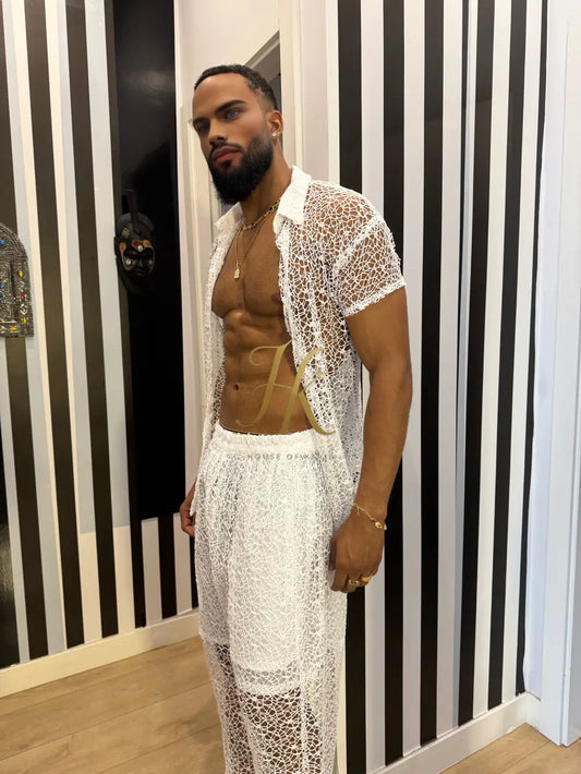 Celestial Lace Elegance Set-Men’s Two-Piece (Shirt & Pants)