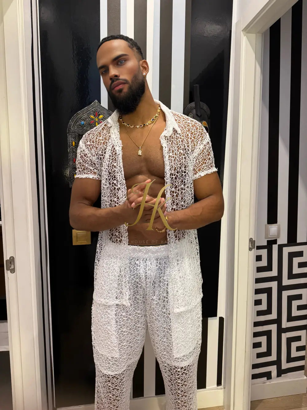 Celestial Lace Elegance Set-Men’s Two-Piece (Shirt & Pants)