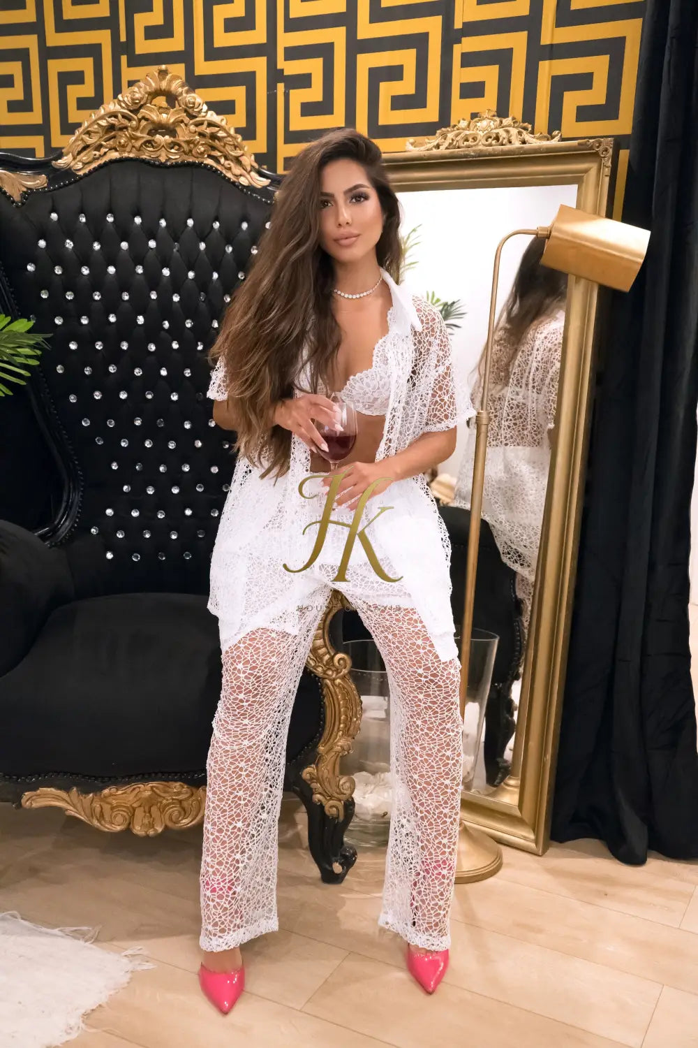 Celestial Lace Elegance Set’ – Women’s Two-Piece (Shirt & Pants)